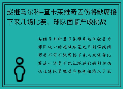 赵继马尔科-查卡莱维奇因伤将缺席接下来几场比赛，球队面临严峻挑战