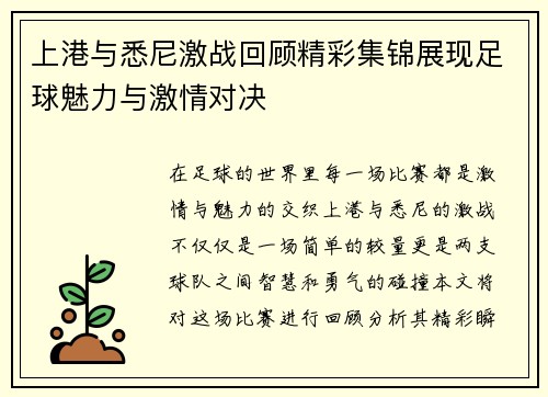 上港与悉尼激战回顾精彩集锦展现足球魅力与激情对决