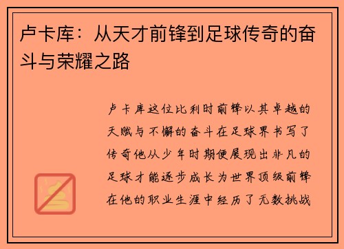 卢卡库：从天才前锋到足球传奇的奋斗与荣耀之路