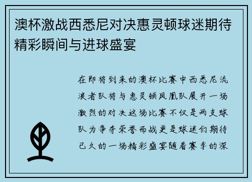 澳杯激战西悉尼对决惠灵顿球迷期待精彩瞬间与进球盛宴