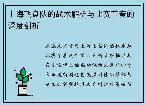 上海飞盘队的战术解析与比赛节奏的深度剖析