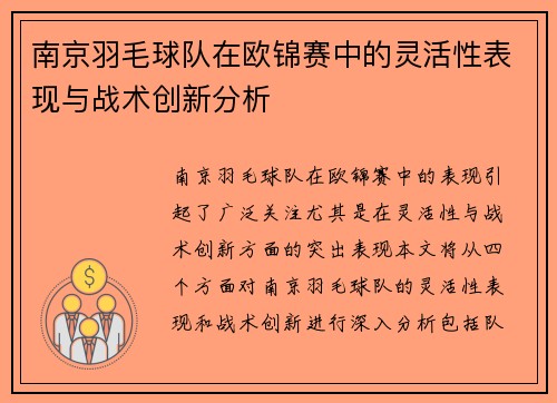 南京羽毛球队在欧锦赛中的灵活性表现与战术创新分析