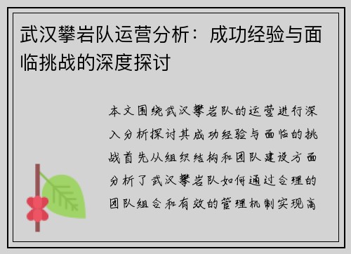武汉攀岩队运营分析：成功经验与面临挑战的深度探讨