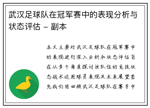 武汉足球队在冠军赛中的表现分析与状态评估 - 副本