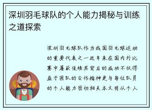 深圳羽毛球队的个人能力揭秘与训练之道探索